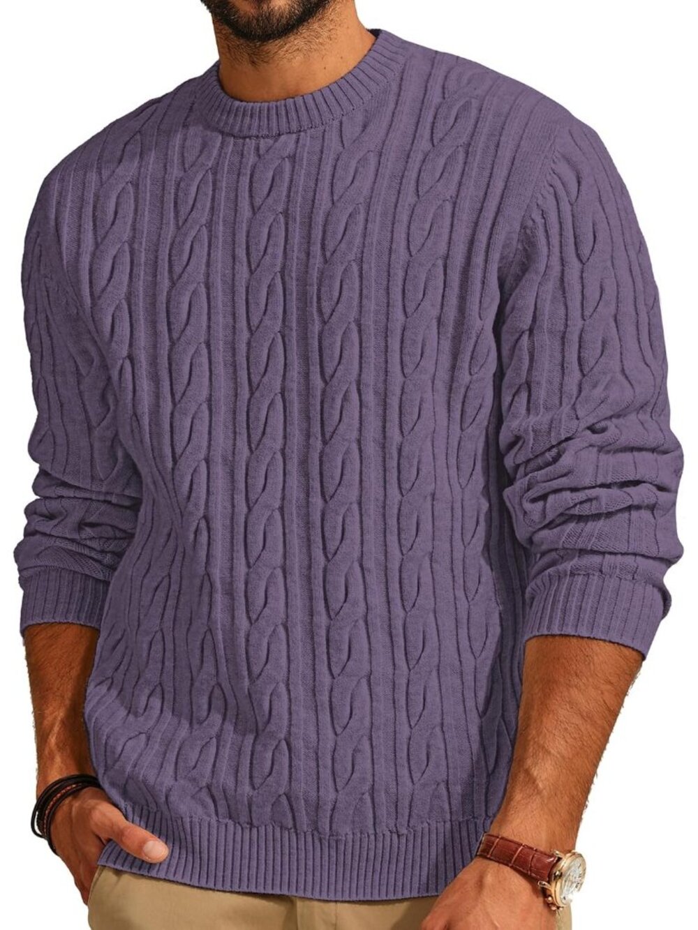 🆕Men's Purple Cable Knit Crewneck Pullover Sweater Twist Textured Knit Casual